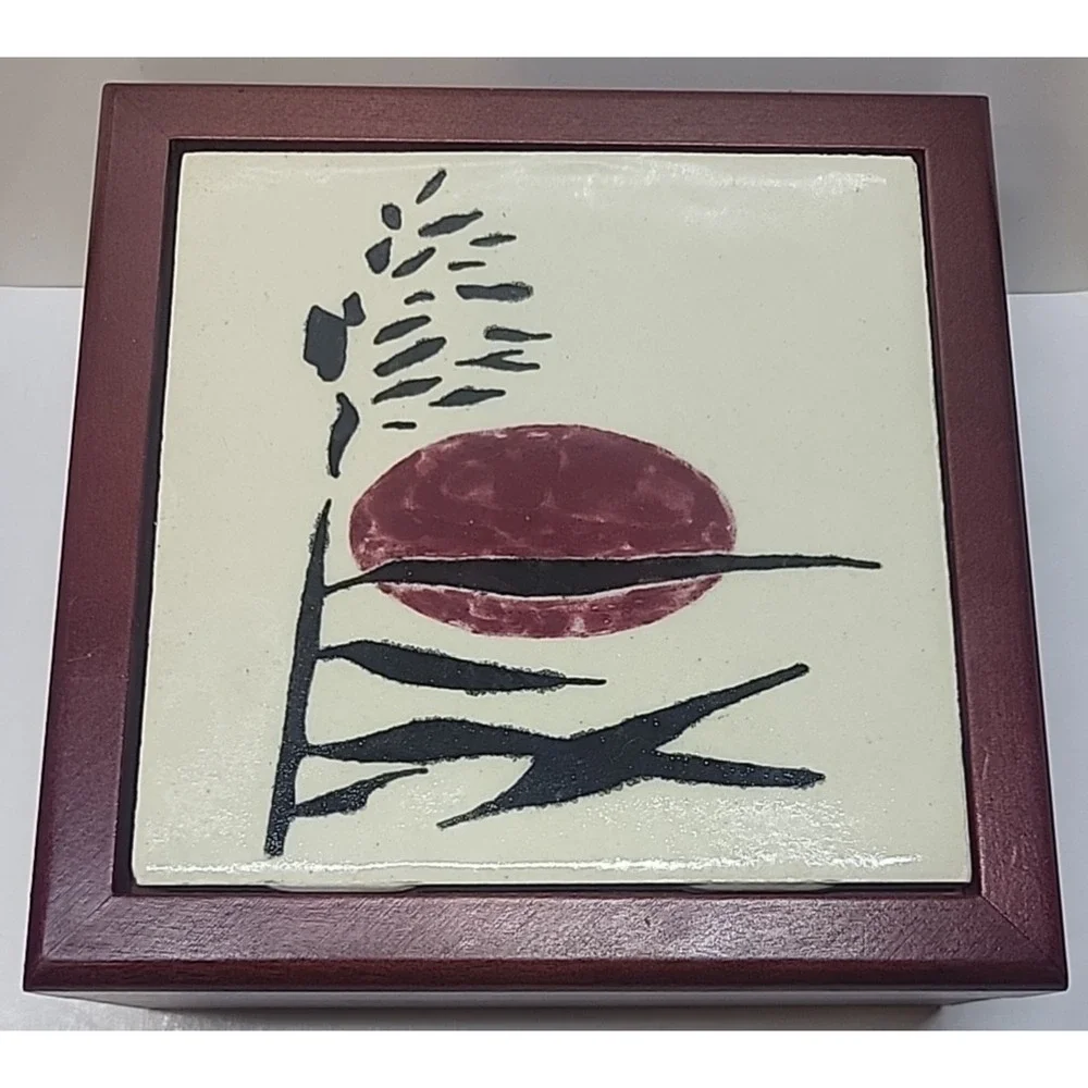 Art Pottery Painted Sun & Water Tile Stylized Covered Red Wooden Trinket Box 5